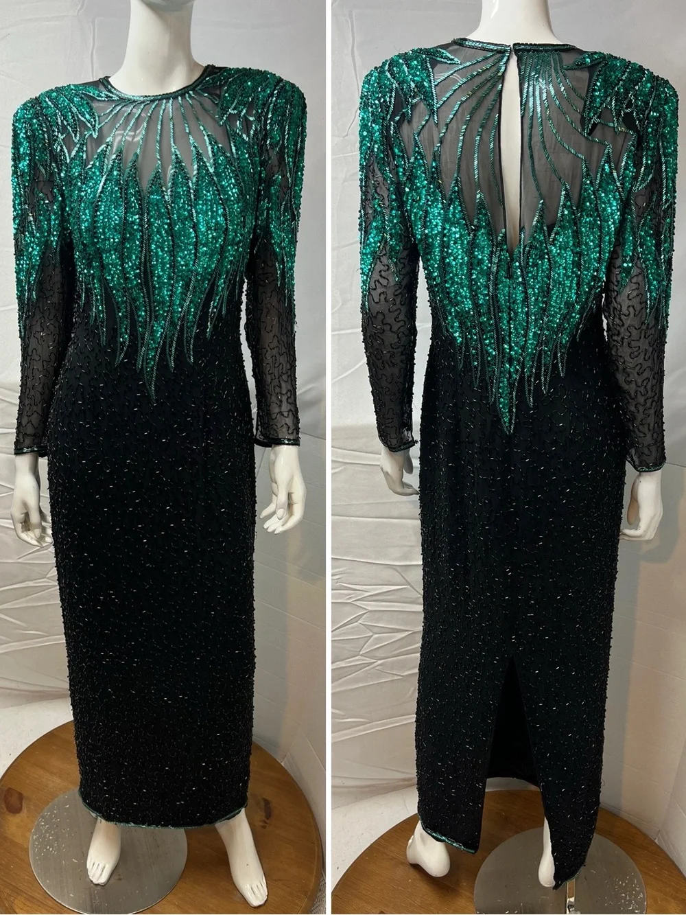 Alyce Designs Women’s 12 Black Silk Beaded Sequin Teal Green Gown Vintage Dress